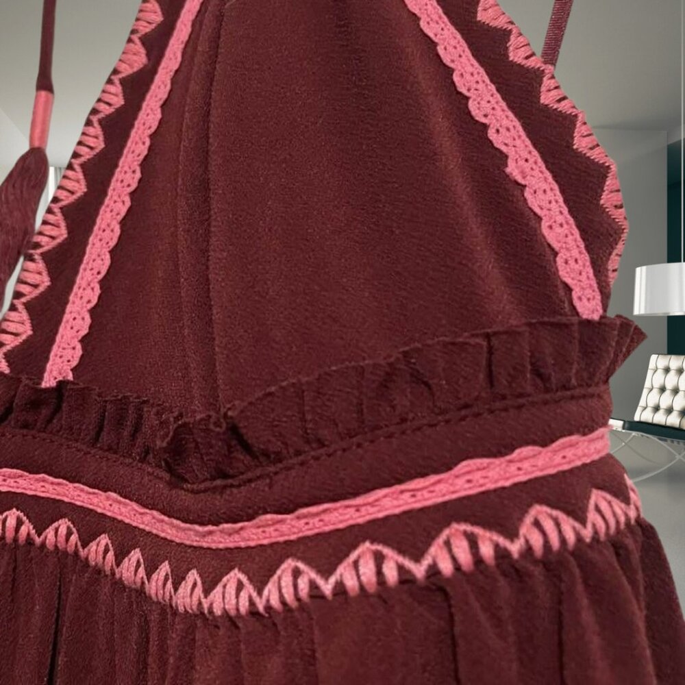 Express Burgundy Halter Maxi Dress with Pink Trim | Size Medium - Picture 7 of 14